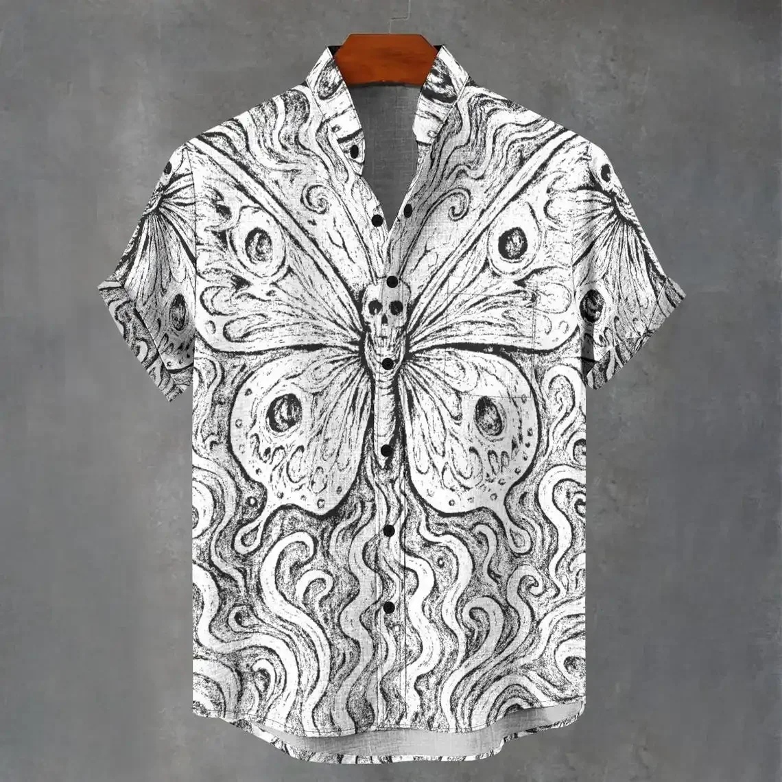 

Men's hot selling summer new casual fashion cool butterfly pattern printed linen short sleeved shirt men's fashion button top