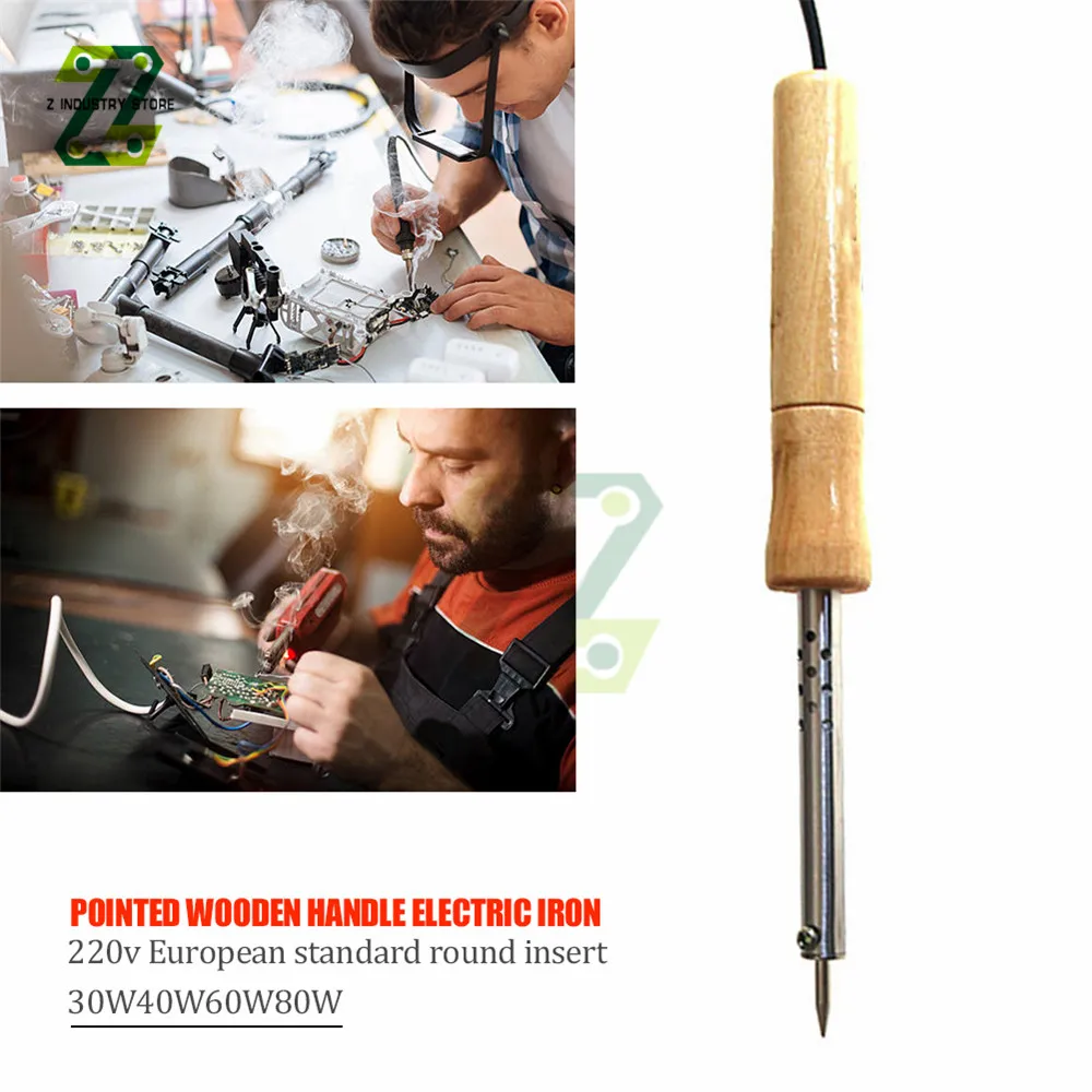 220V Mini Wood Handle Soldering Iron Rework Station Adjustable Temperature Electric Solder Iron 30W/40W/60W/80W/100W