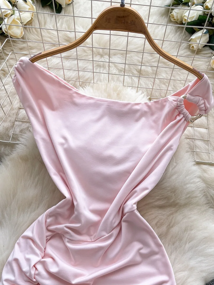 Foamlina verão plissado fino ajuste amarrar fenda design bodycon menina quente mini vestido puro desejo estilo doce fora do ombro mini saia