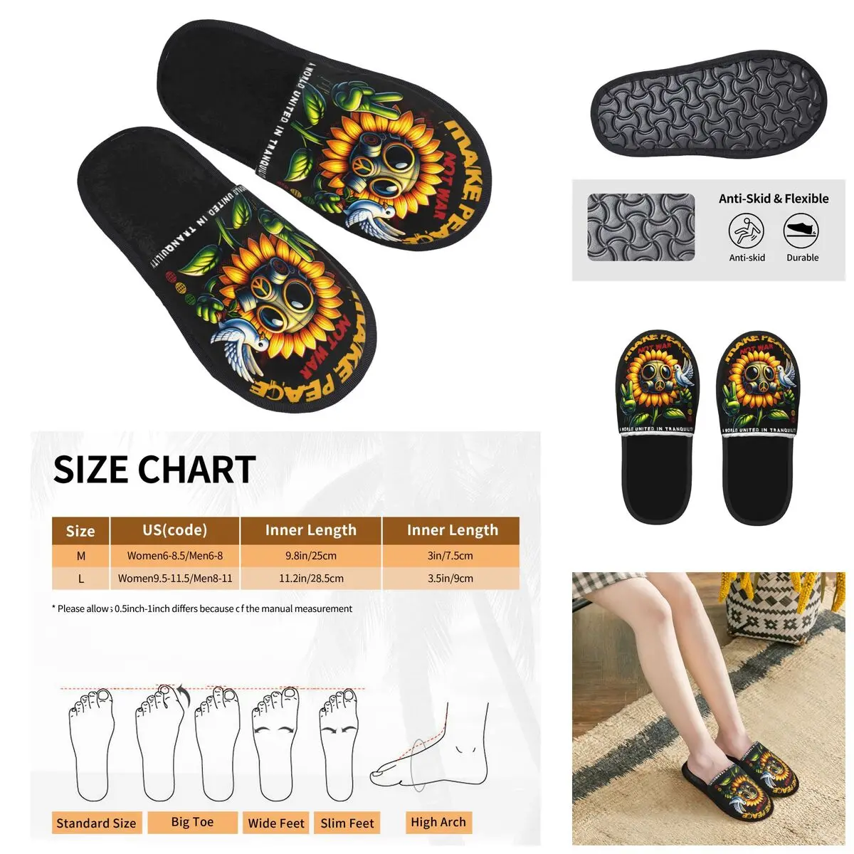 Hippie Peace Hand Sign Men Women Neutral Color printing special Home Furry slippers