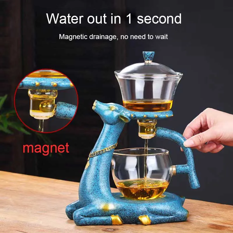 BOZZH-Kungfu Glass Tea Set, Creative Deer Teapot, Magnetic Water Diversion, Tea Infuser, Turkish Drip Pot with Base view 3