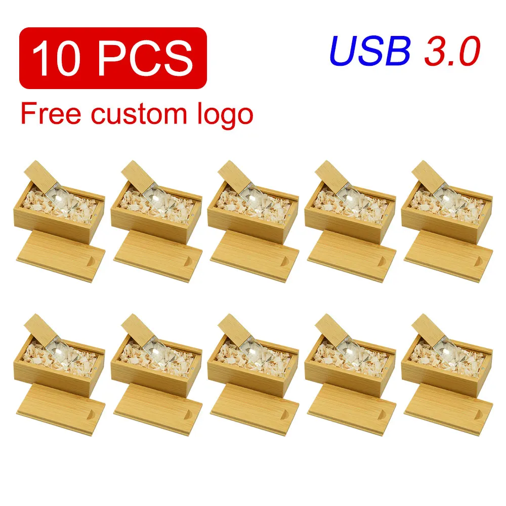 

10 шт./лот USB 3,0 флэш-накопитель 128 ГБ с кристаллами, деревянная коробка, память, бесплатный индивидуальный логотип, ручка-накопитель, свадебный подарок, высокоскоростной флэш-накопитель