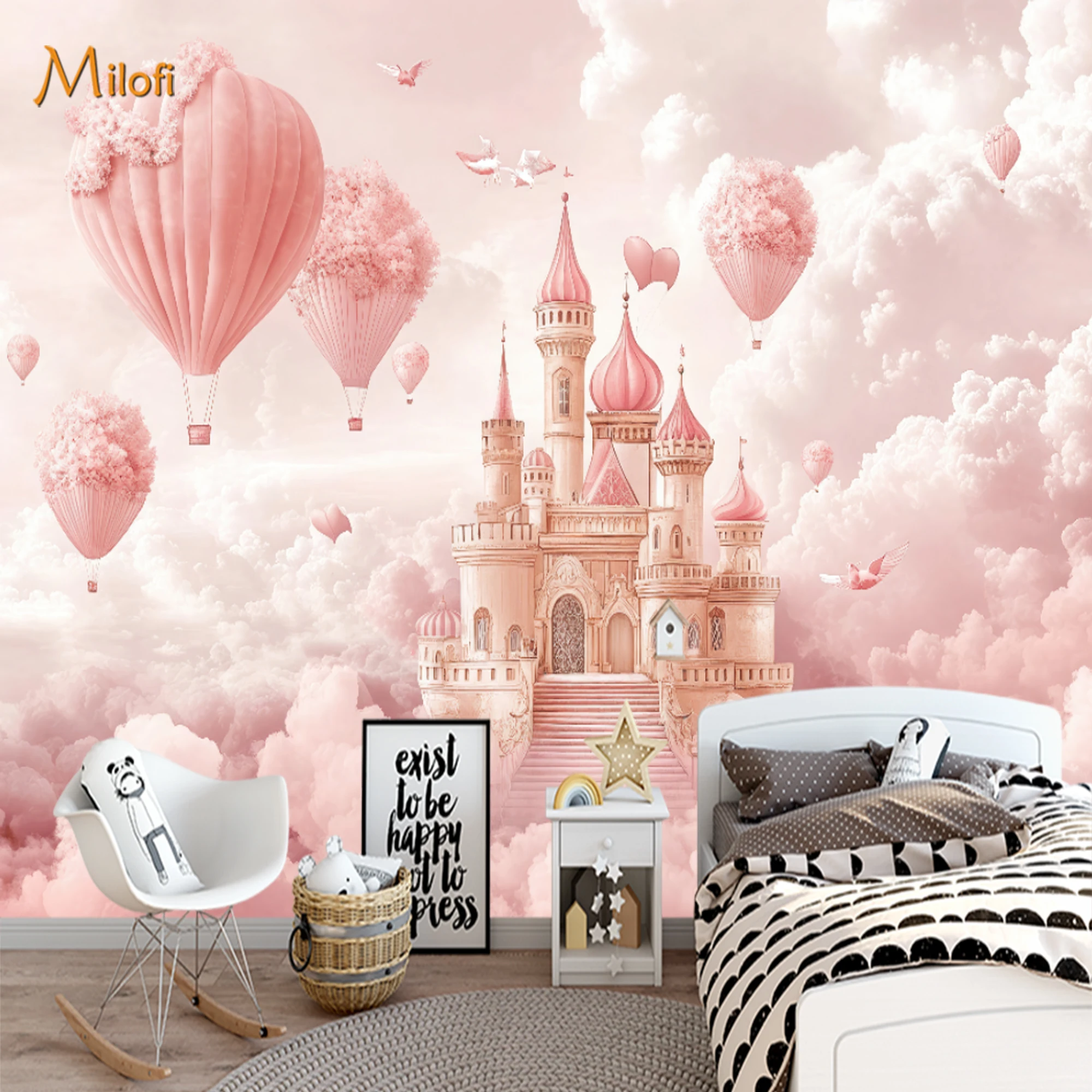 Custom Mural Wallpaper Girls Peel And Stick Wall Pink Princess Castle Hot Air Balloon Fluffy Cloud For Nursery Bedroom Home Deco