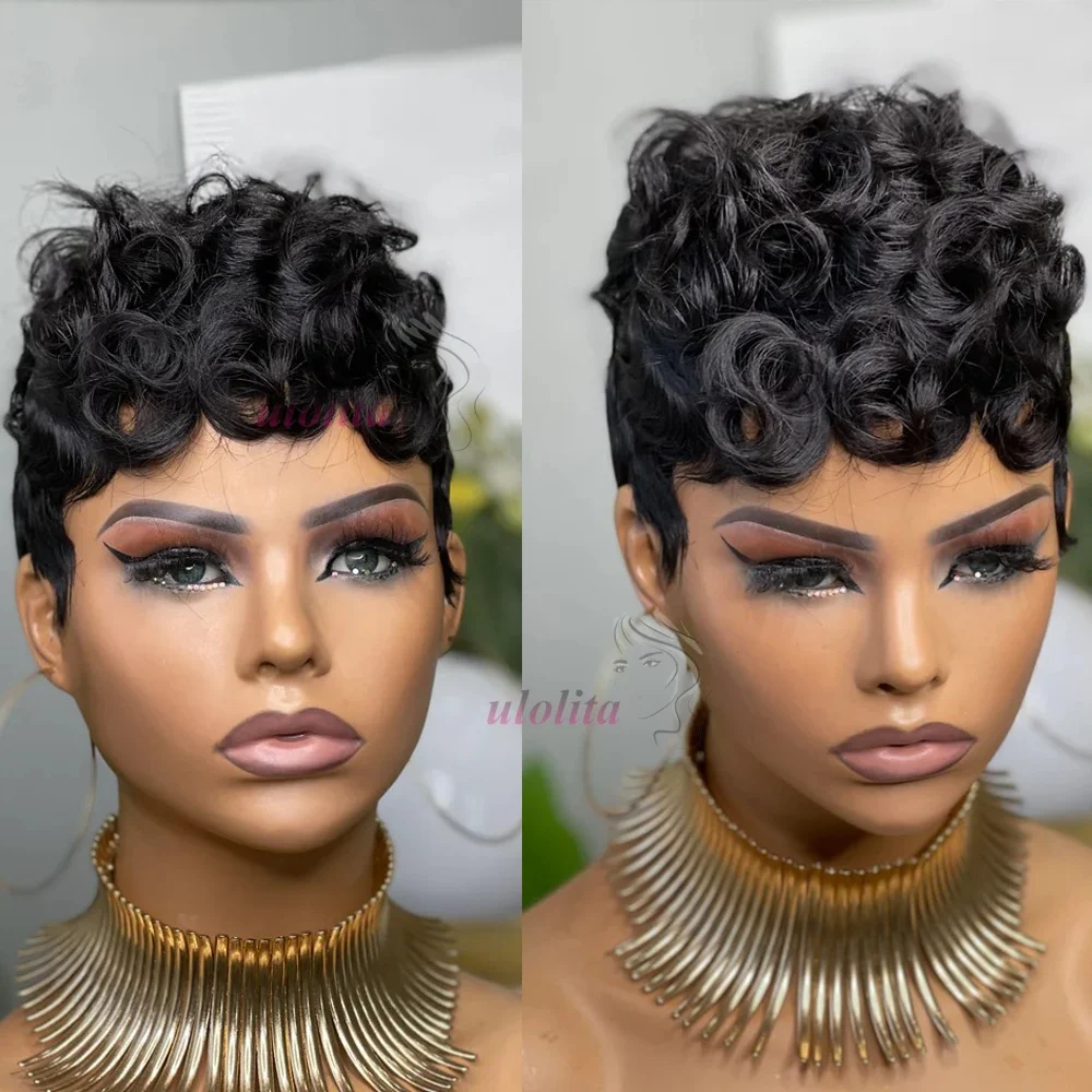 Lockige, kurze Pixie-Cut-Perücken für Frauen aus Echthaar in Schokoladenbraun # 4 farbige, vollständig maschinell gefertigte Perücken, Bob-Perücke, peruanische Haarperücken – Detail 8