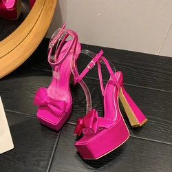 Liyke Runway Style Ultra High Heels Platform Sandals Women 2024 Summer Fashion Satin Bowknot Square Toe Wedding Banquet Shoes