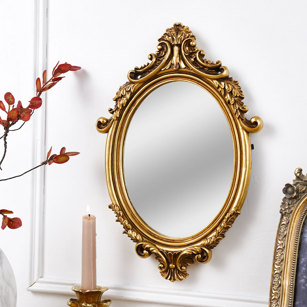 1PC, French-Style Antique Relief-Patterned Oval Decorative Mirror, Suitable for Use in Entrance Hall, Bedroom and Dressing Table