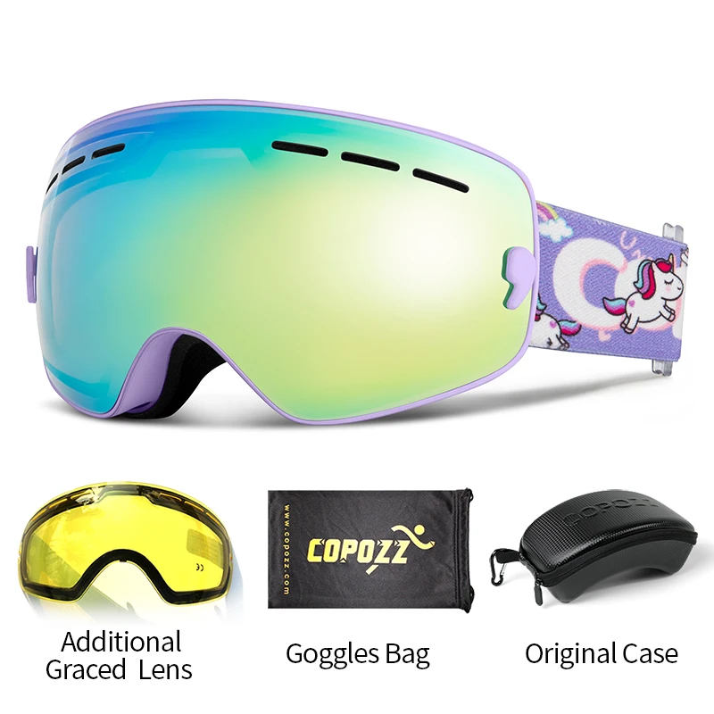 COPOZZ Gafas de esquí para niños con lentes agarradas y estuche para niños UV400 Gafas antiniebla Gafas de snowboard para niñas y niños GOG-243