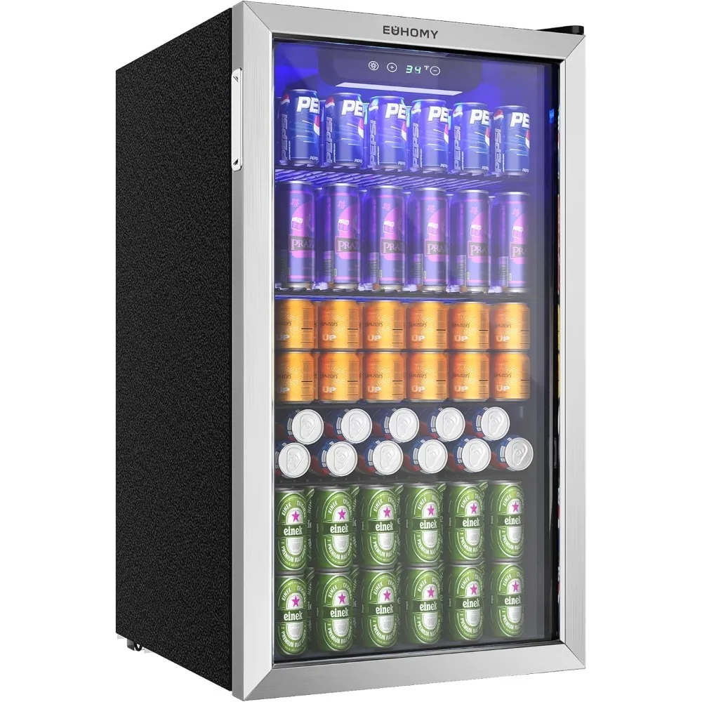 Geladeira e refrigerador para bebidas, mini geladeira de 128 latas com porta de vidro, geladeira pequena com prateleiras ajustáveis