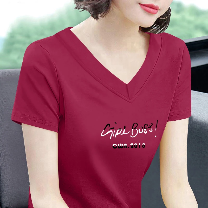 순면 또는 면 혼방 티셔츠 여성용 루즈핏 브이넥 슬림핏 패셔너블 탑 여름 신상 엄마 의류 여성 상의