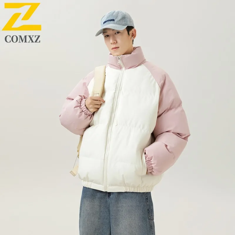 COMXZ New Men Cotton Coat Stand Collar Trendy Hooded Color Block Thickened Warm Jacket Waterproof Loose Lightweight Outerwear