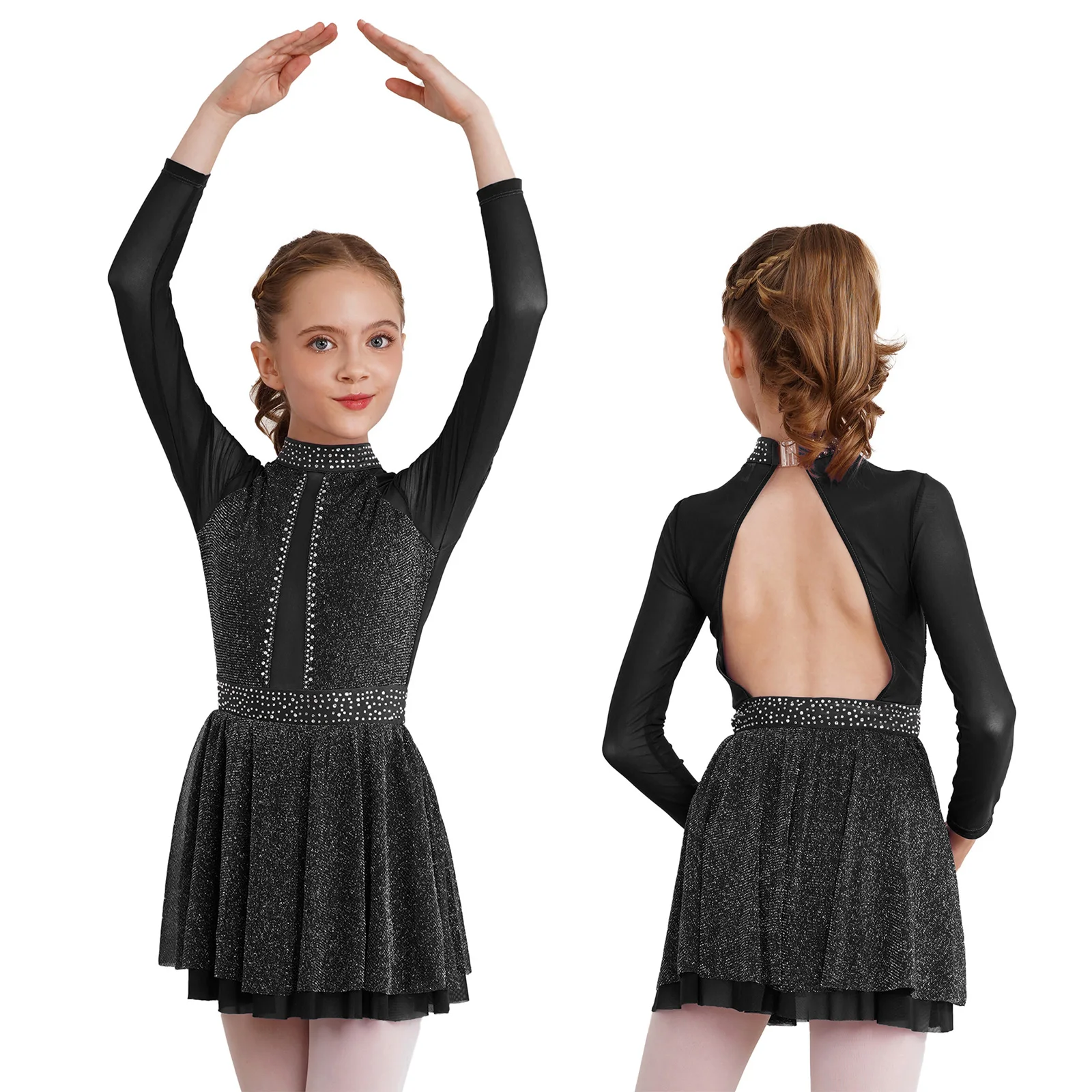 Kids Girls Ballet Leoatards Dress Gymnastics Figure Skating Dance Dress Long Sleeve Shiny Rhinestone Mesh Lyrical Dancewear