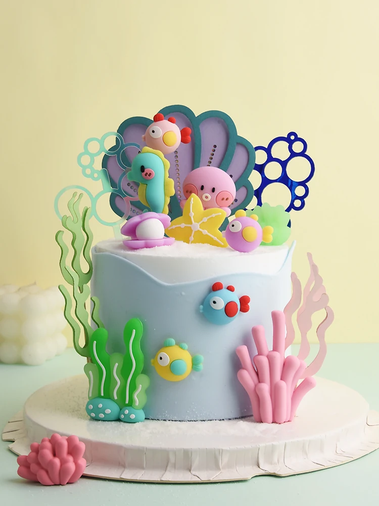 Mermaid Cake Topper Cute Coral Seagrass Seashells Ocean Theme Cake Decoration Kids Happy Birthday Baby Shower First Birthday