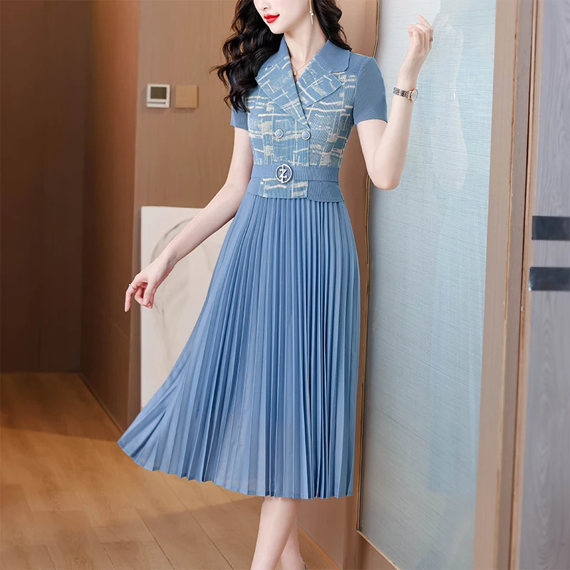 Складное платье 2024, летняя мода, маленький клетчатый костюм с воротником, плиссированная талия, утягивающая волшебная юбка, корейская версия, женская одежда