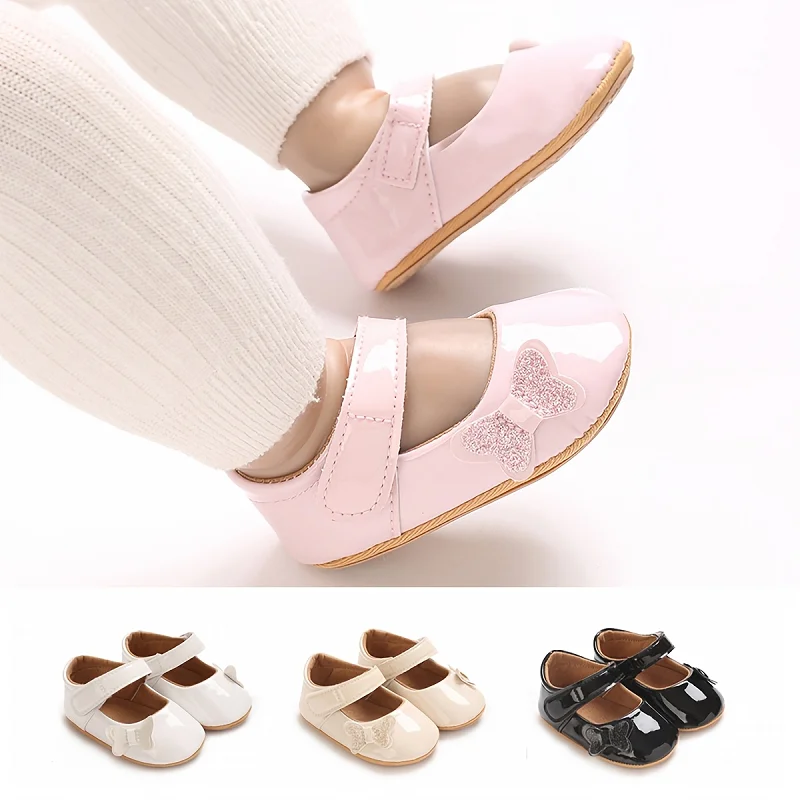 

Glitter Bow Patent Leather Mary Jane Shoes, Soft Comfort Footwear, Baby Learning Walk Shoes for Infant Girls 0-18M