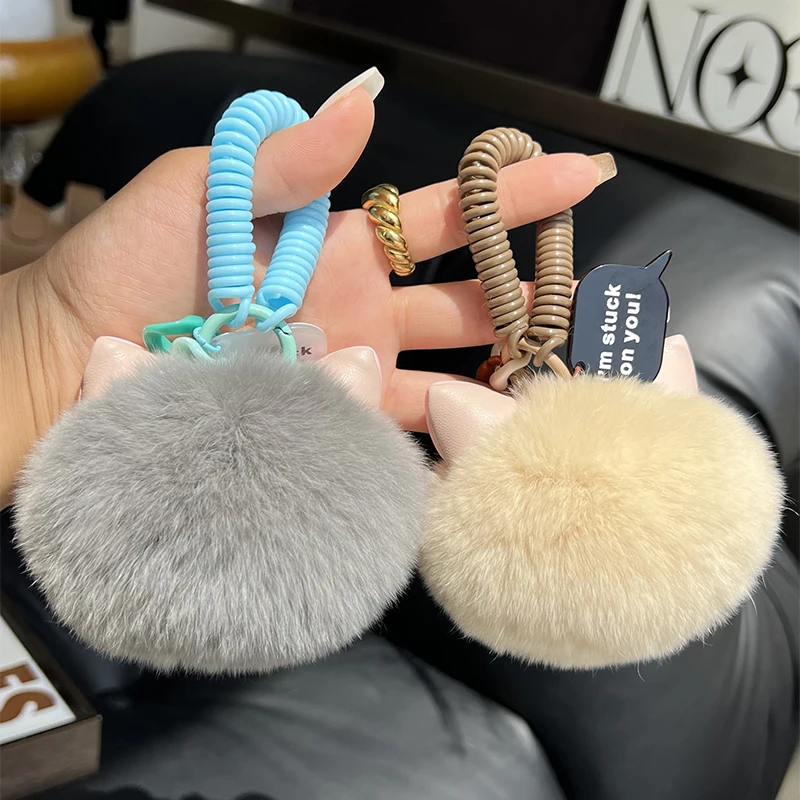 Real Rex Rabbit Fur Keychain Cute Cat Plush Ball Women Bag Ornaments Car Keyring Pendant Metal Trinkets Toy Girl Birthday Gift