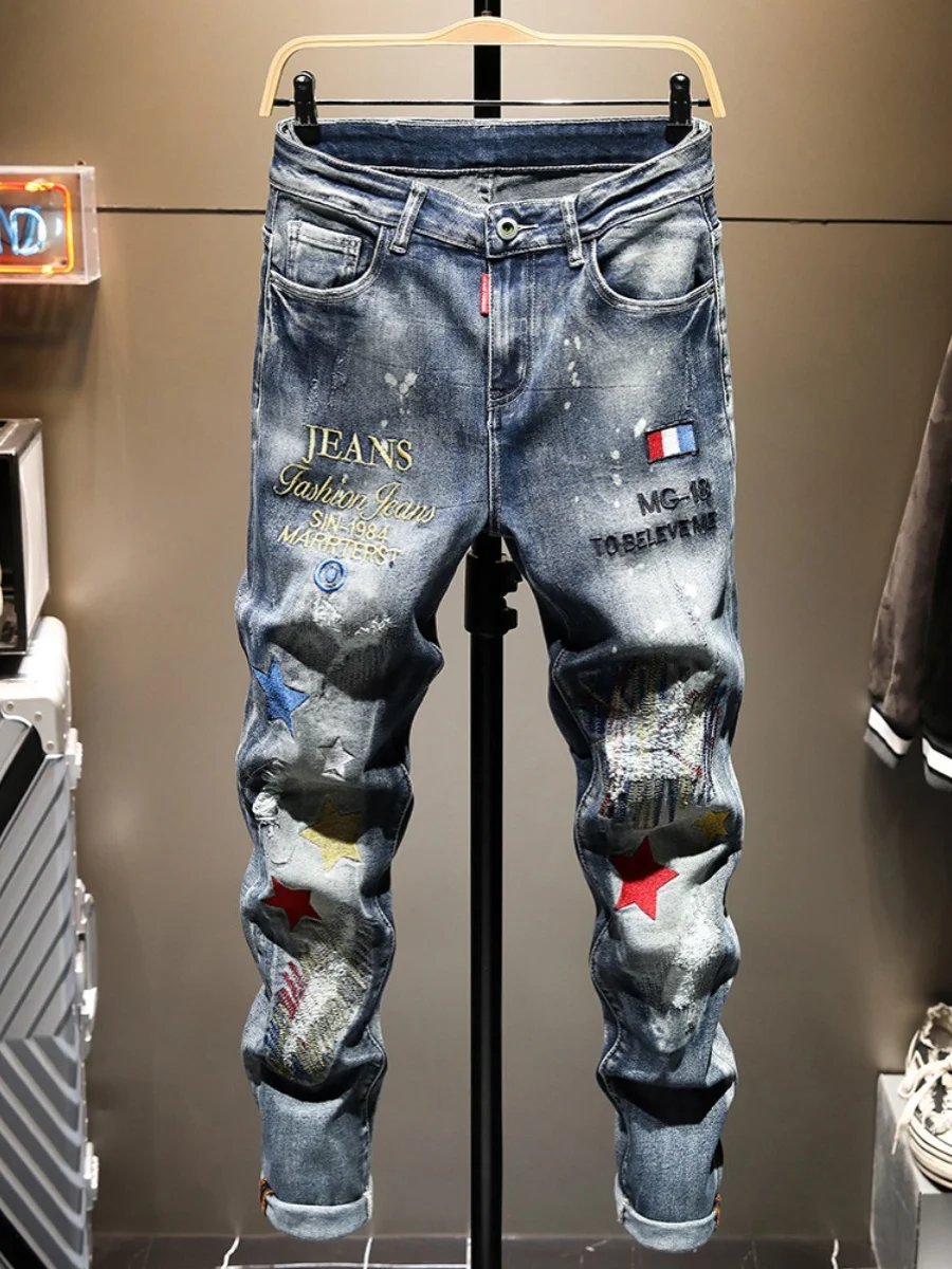 

Высококачественные джинсы American Sle Heavy-Du с вышивкой, мужские весенне-осенние облегающие брюки на небольшую ногу, эластичные