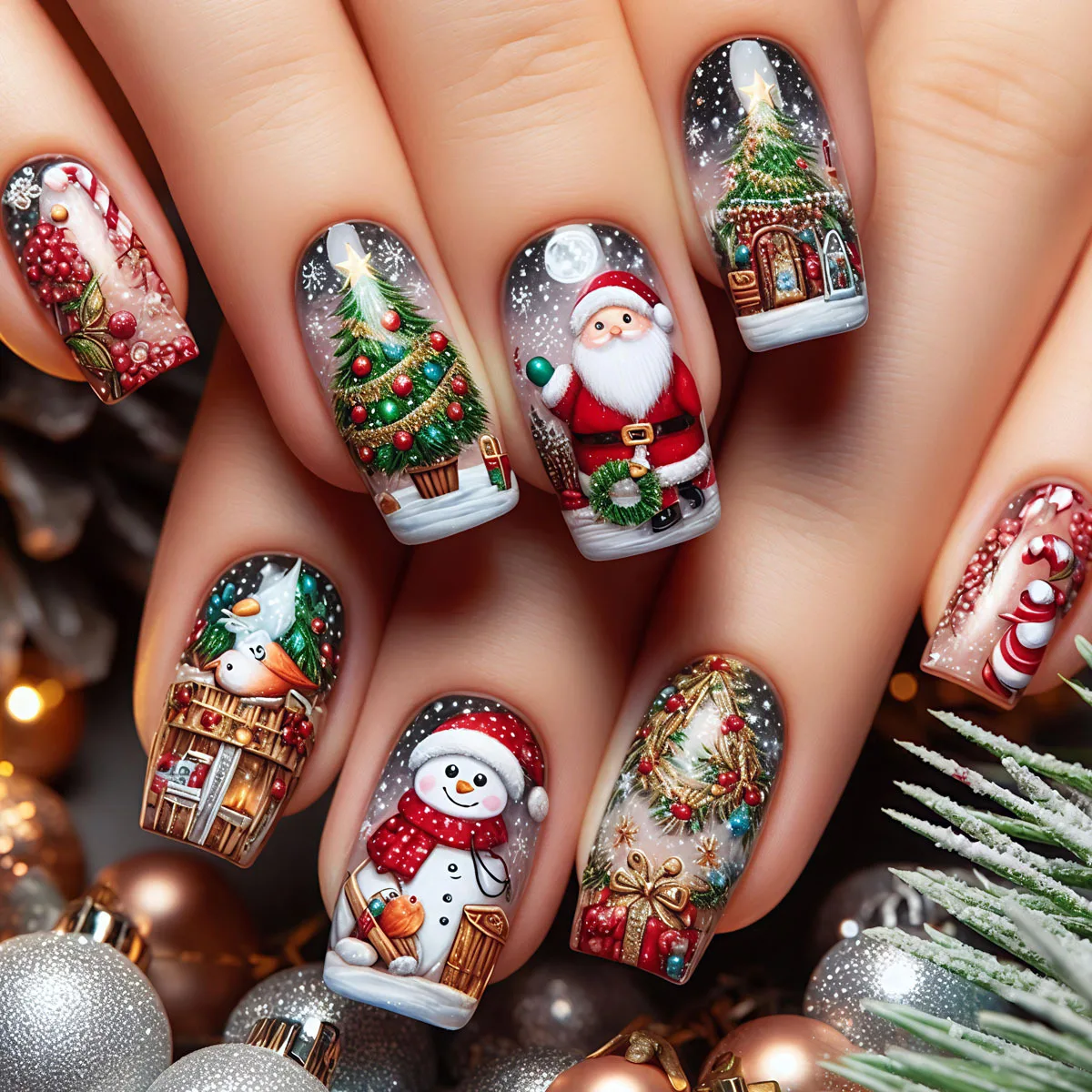 

24pcs/set Medium fake nails for Christmas party snowman gift snowflakes Santa Claus square almond tips press on false nail art