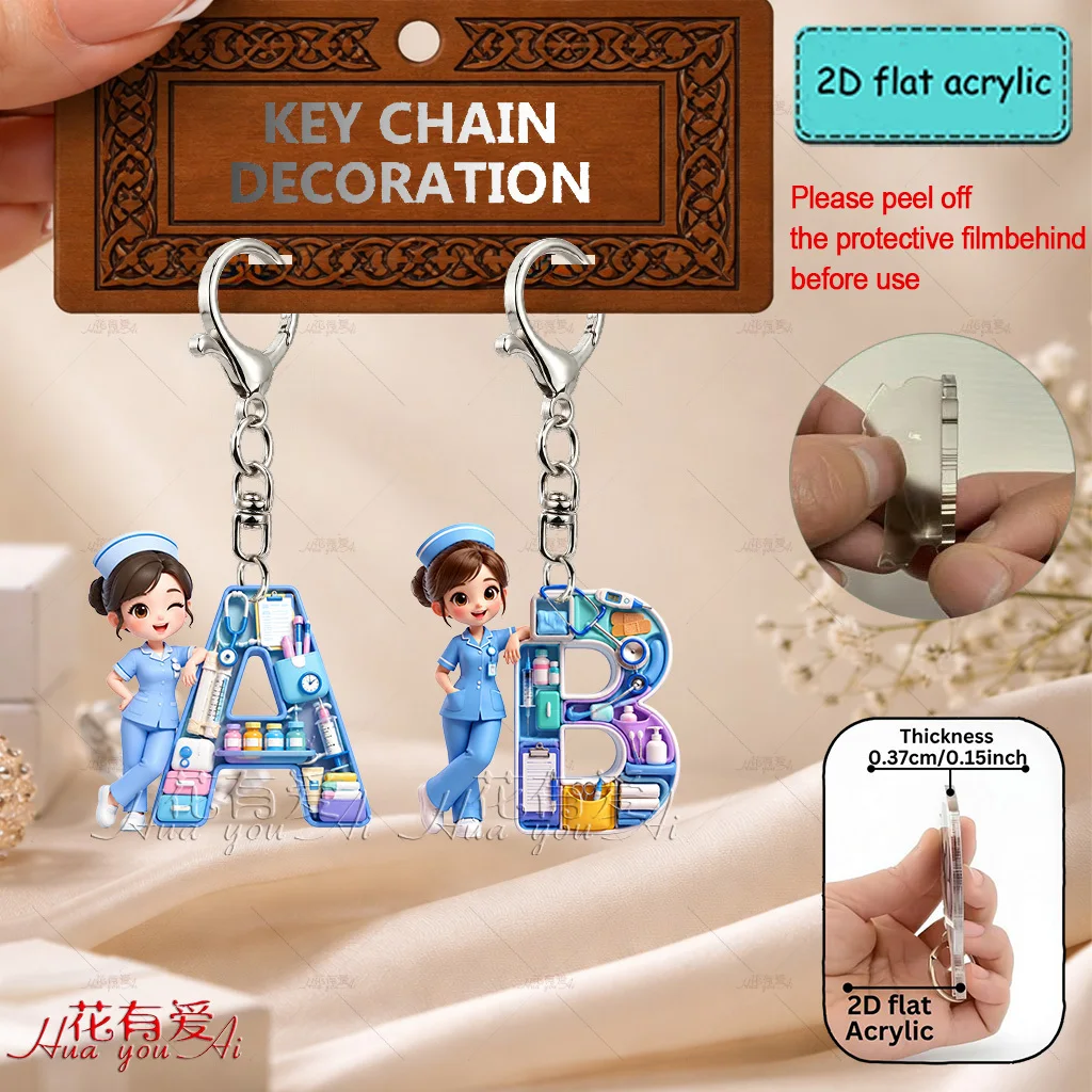 2D-Schlüsselanhänger mit Krankenschwester-Buchstaben – Acryl, blaue Uniform, 26 Buchstaben, Geschenk für Freunde – Detail 3