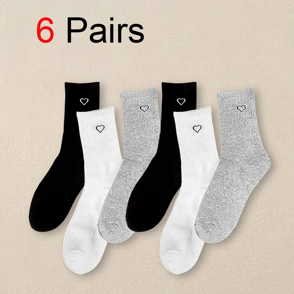 6 Pairs Women Heart-shaped Pattern Round Neck Socks Fashionable Versatile Comfortable Socks Lightweight Casual Mid Length Socks