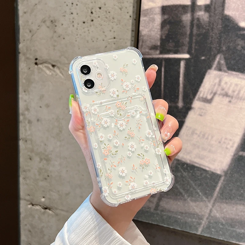 Floral Pattern Card Hold Phone Case For Samsung S24 S23 S22 S21 S20 FE Plus Ultra M33 M53 M54 5G Anti-fall Clear Cover