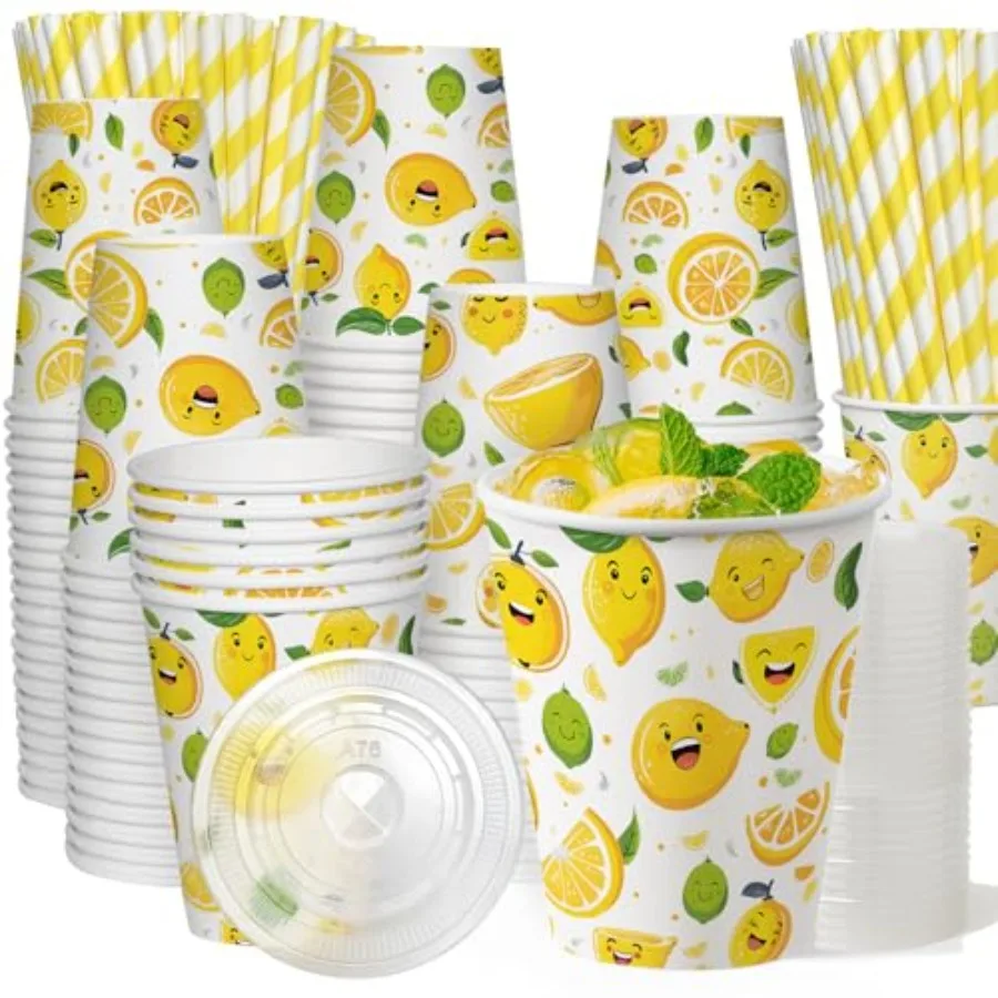 

300 Pcs 9 Oz Lemonade Cups With Lids And Drinking Straw, Lemonade Stand Supplies, Lemon Patterned Summer Cold Drink Cup, Dispos