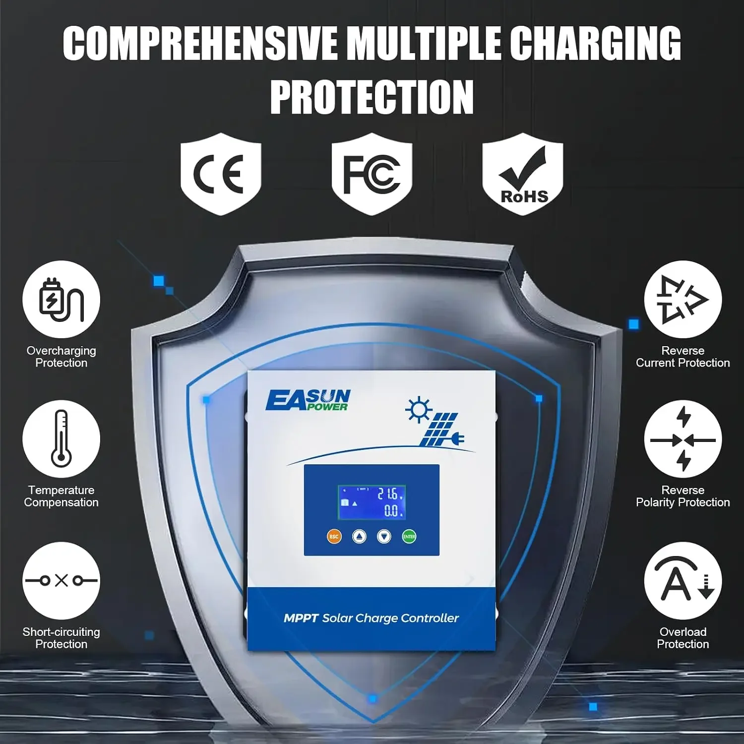 USA Stock 60A MPPT Solar Charge Controller, 12V/24V/36V/48V Auto, Max Input 150V LCD Display Regulator Intelligent Charge Contro