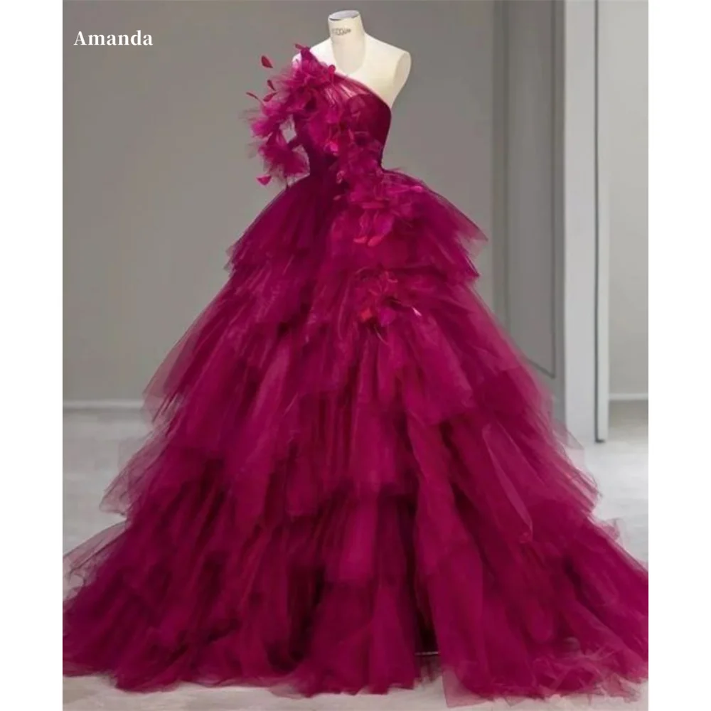 Amanda Mesh One the Shoulder Mulilayer robes de soirée Tiered Ruffle Ball Gown Evening Dresses Wedding Party Wedding Dress