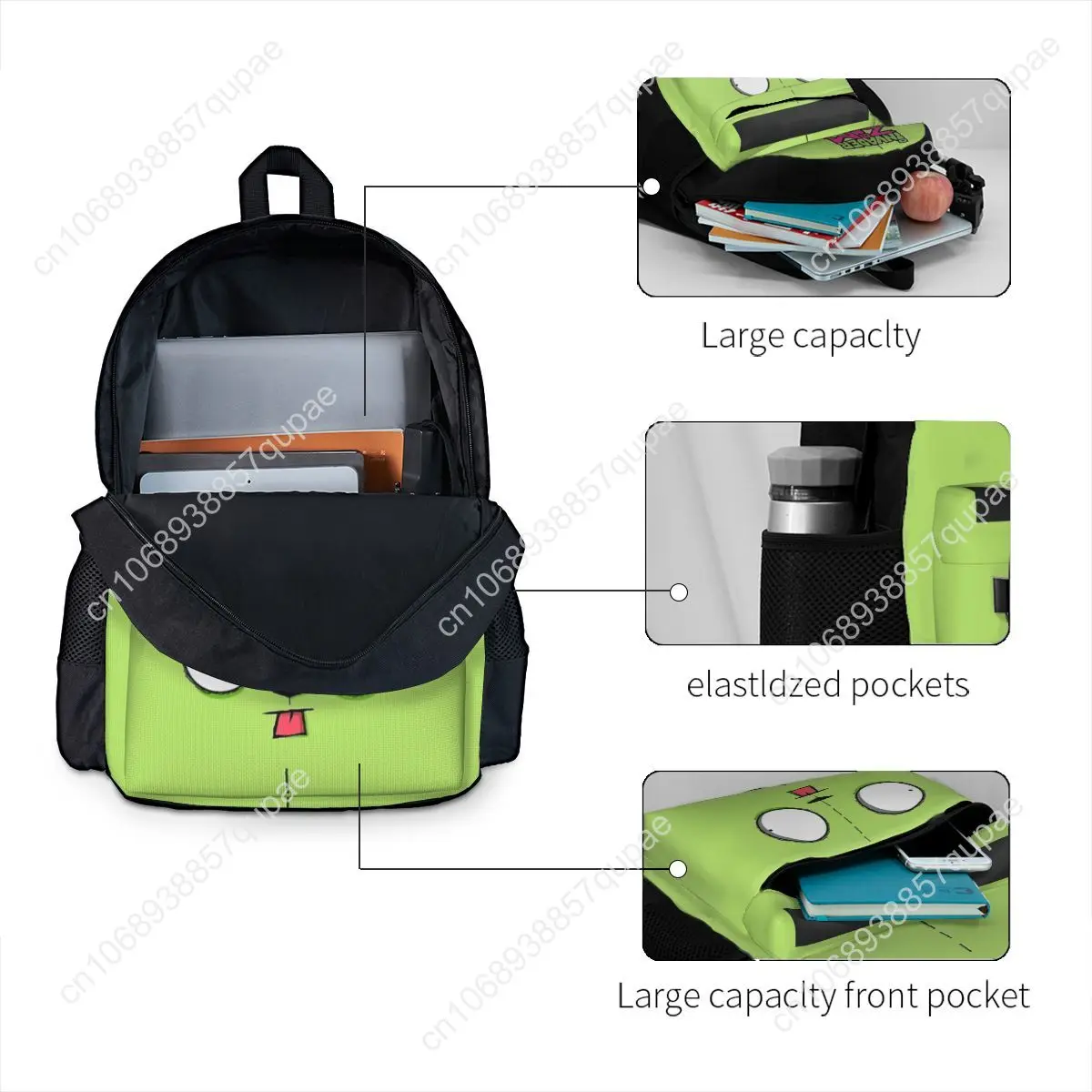 Invader Zim Gir Dib Green Dib Robot Backpack Mochila 3D Student School Bag Laptop Rucksack Boys Girls Large Travel Shoulder Bag