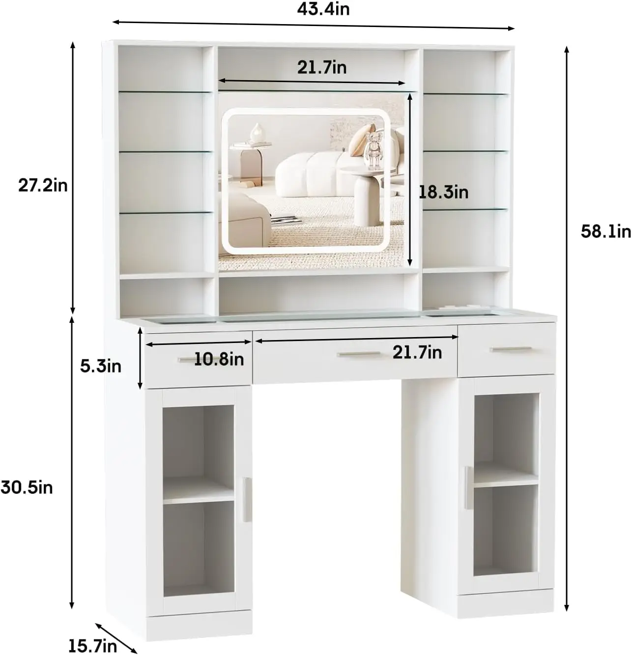 Makeup Vanity with Lights, 43.4inch Vanity Desk with Power Strip, 3 Drawers and 2 Cabinets Makeup Table, White