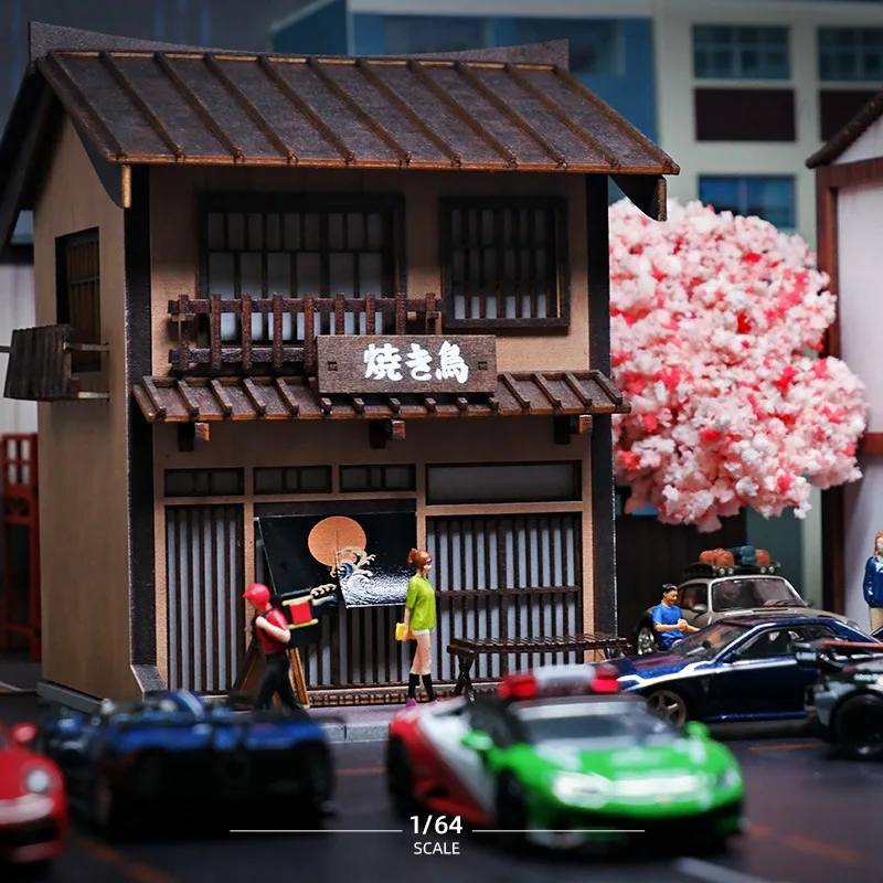 1:64 Miniatur japanischer Grillladen Szene Modell Simulation Street View Requisiten mit Lichtern Micro-Shot Micro-Ornament