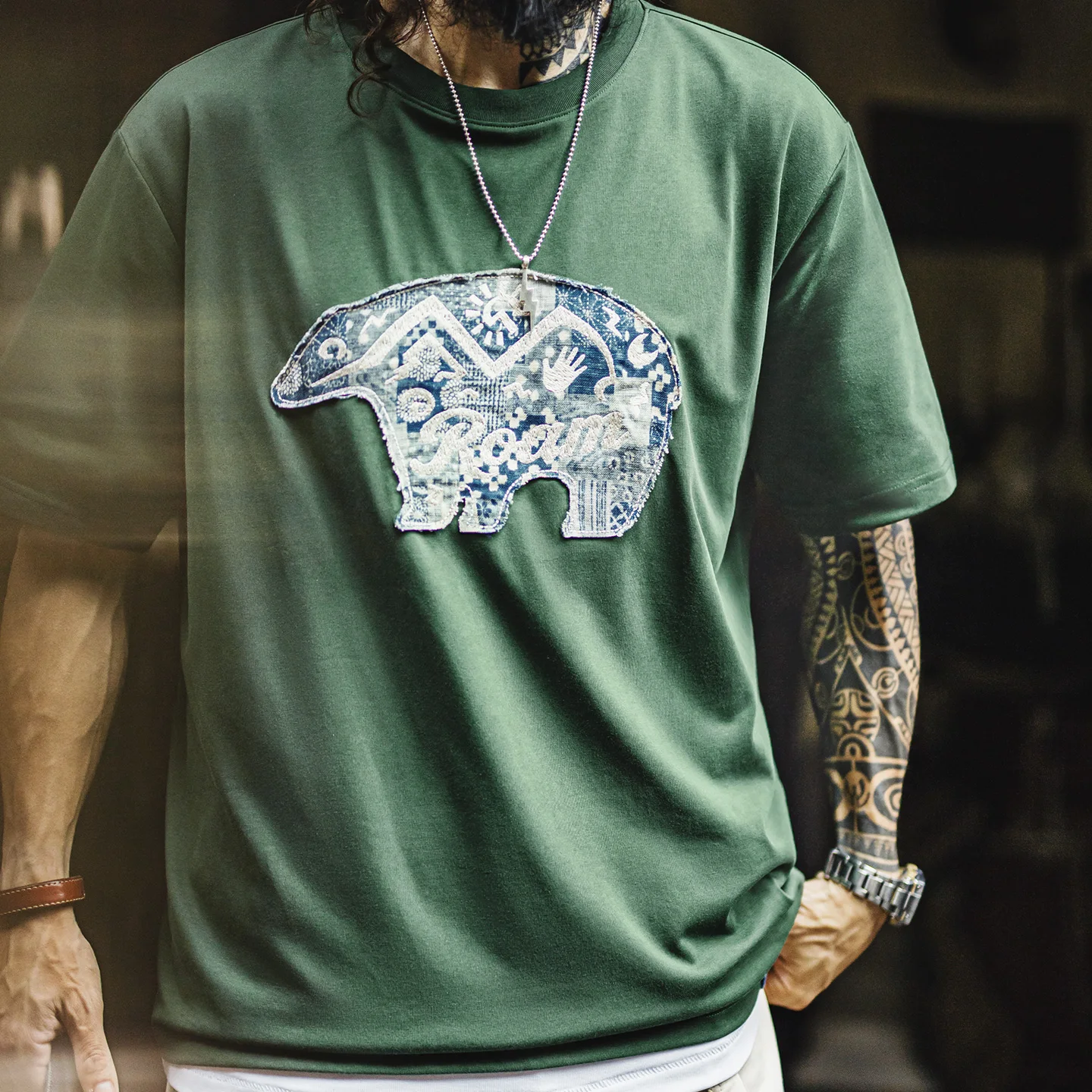 MADEN American Vintage Men's Short Sleeve T-Shirt Green Heritage Patchwork Applique Ethnic Knitted