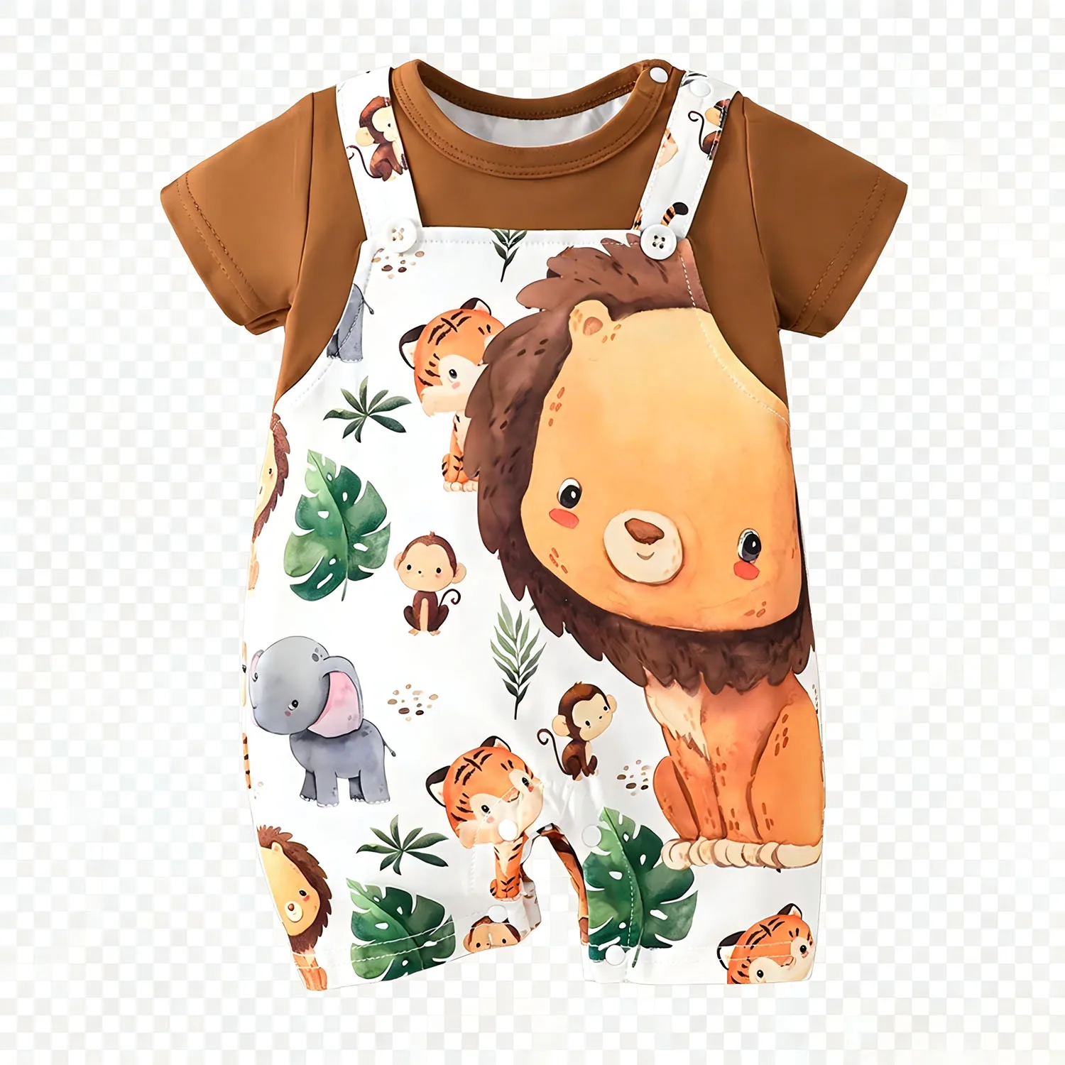 IURNXB Cute Infant Lion Animal Print Romper Boys Newborn Baby Mock Two-Piece Bodysuit Short Sleeves Play Wear Suspender Jumpsuit