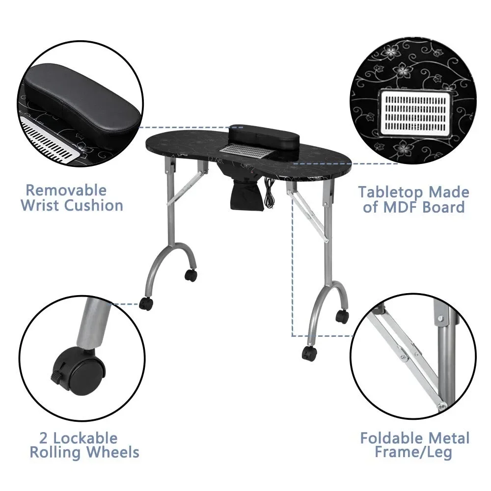 Manicure Nail Table W/Electric Dust Collector, Foldable MDF Laminated Home Nail Beauty Technician Desk, Spa Salon Workstation