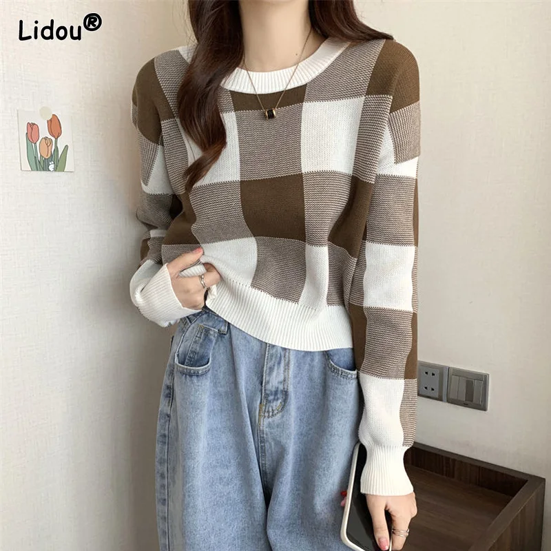 

Contrasting Colors Lattice Sweaters Preppy Style Short O-Neck Spliced Thick Knitting Pullovers Medium Strech Women's Clothing