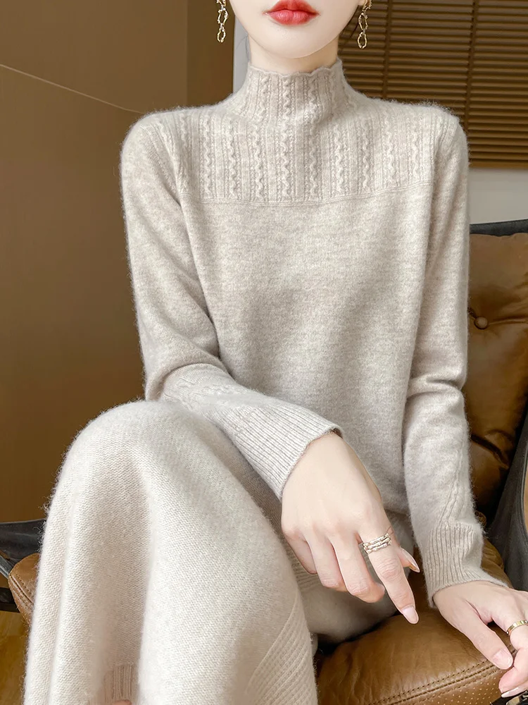 

Свитер из 100% мериносовой шерсти, женский жаккардовый пуловер с воротником-стойкой, осень-зима, кашемировый офисный женский трикотаж с рукавами, топы