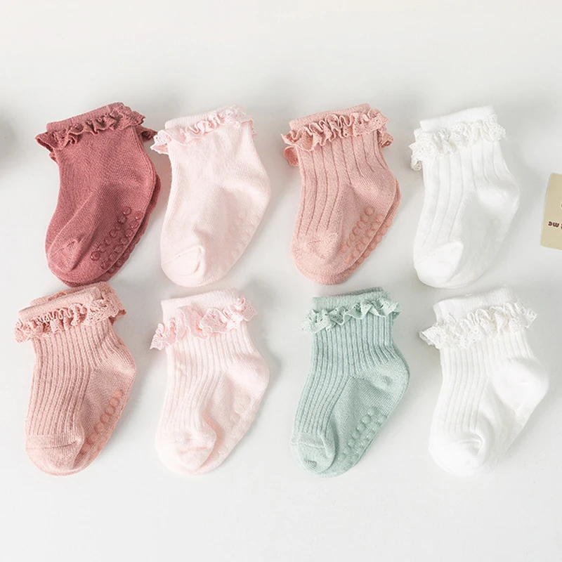 

Lace Ruffle Princess Baby Socks Soft Cotton Breathable Toddler Girl Short Sock Rubber Bottom Anti-slip Kids Floor Socks Footwear