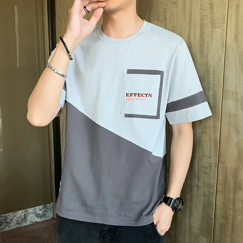 Youthful Vitality Korean Round Neck T-shirts Fashion Spliced Summer Letter Men\'s Clothing Contrasting Colors All-match Pullovers