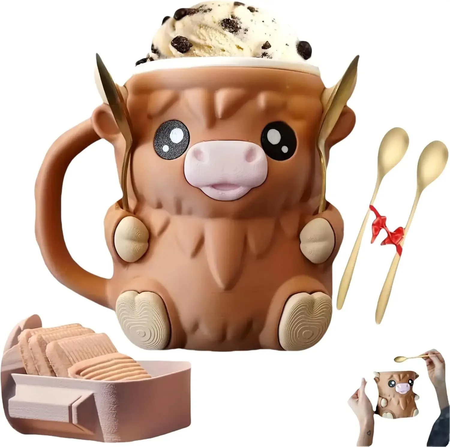 3D Printed Cow Ice Cream Pint Holder with 2 Spoons Fun Cartoon Animal Water Mug Ice Cream Cup for Parties And Gifts