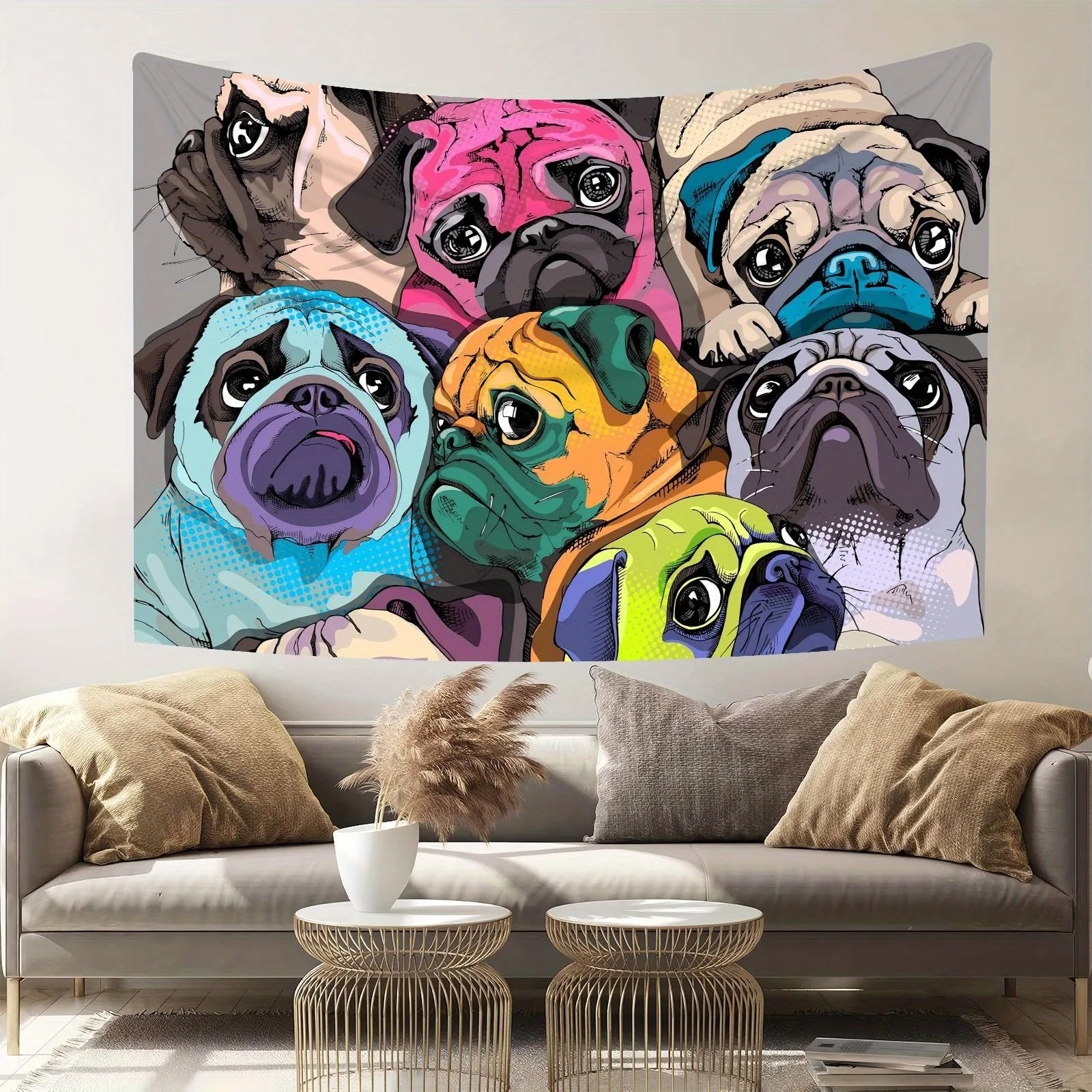 Colorful Pug Tapestry, Pop Art Style Dog Wall Hanging, Funny Pet Dorm Bedroom Decor, Vibrant Canine Art for Animal Lovers Room