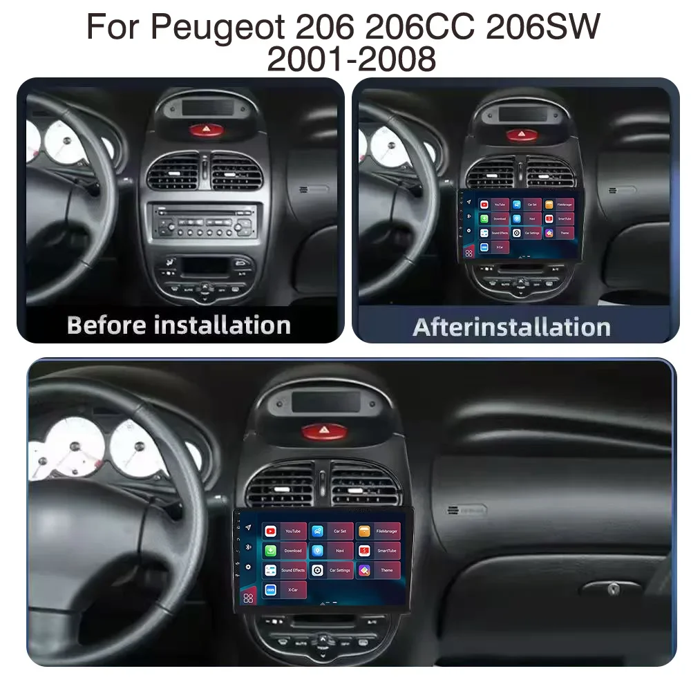 Android 15 Car Radio 4G+WIFI Carplay Android Auto For Peugeot 206 2001 - 2016 Car Radio Multimedia Video Player Navigation GPS