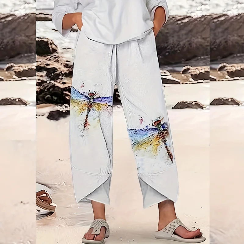 

Женские элегантные летние брюки с принтом бабочек, модные повседневные брюки с эластичной талией