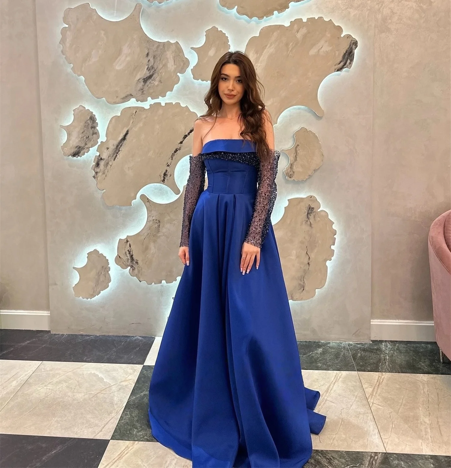 

Royal Blue Beaded Bespoke Occasion Gown Long Evening Dresses Pastrol Unisex Jersey Retro Dubai Saudi Arabic Prom Customized