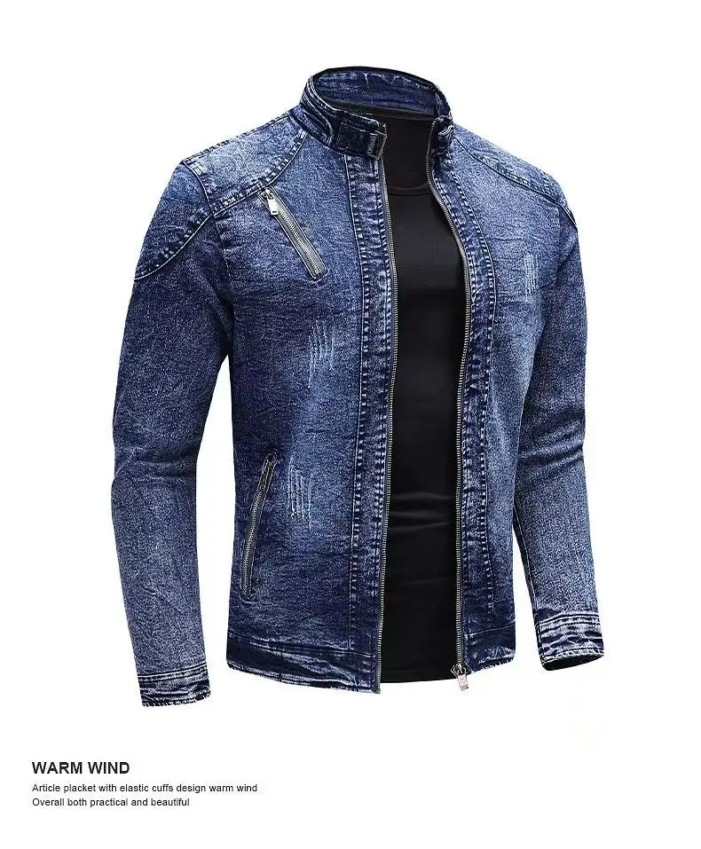 Europe America Men's Stand Collar Long Sleeve Solid Color Casual Trendy Simple Basic Denim Jackets Male Jean Coats