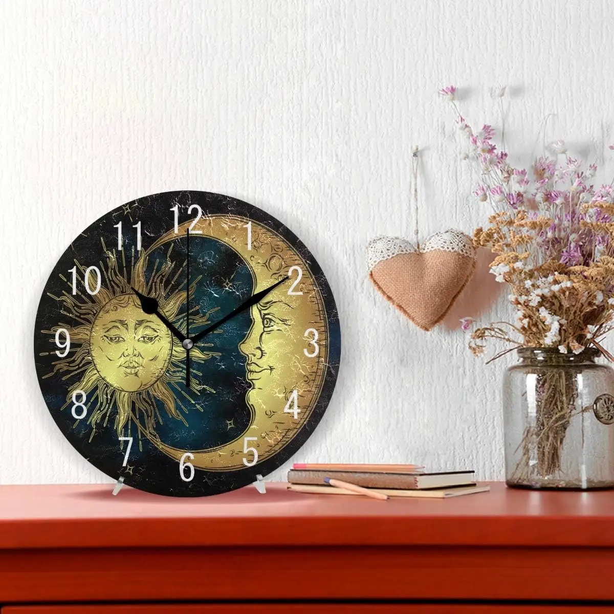 Home Decor Golden Sun Crescent Moon Star Sky Round Acrylic 9.5 Inch Wall Clock Non Ticking Silent Clock Art for Living Roo