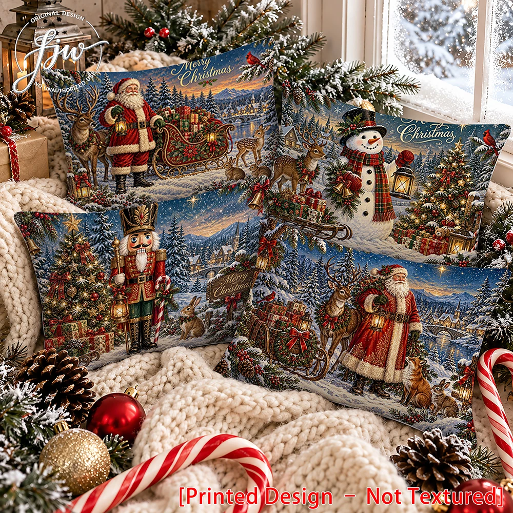 4pc Christmas Vintage Snowman Santa Nutcracker Throw Pillow Covers, Winter Holiday Decorative Cushion Cases for Sofa Couch