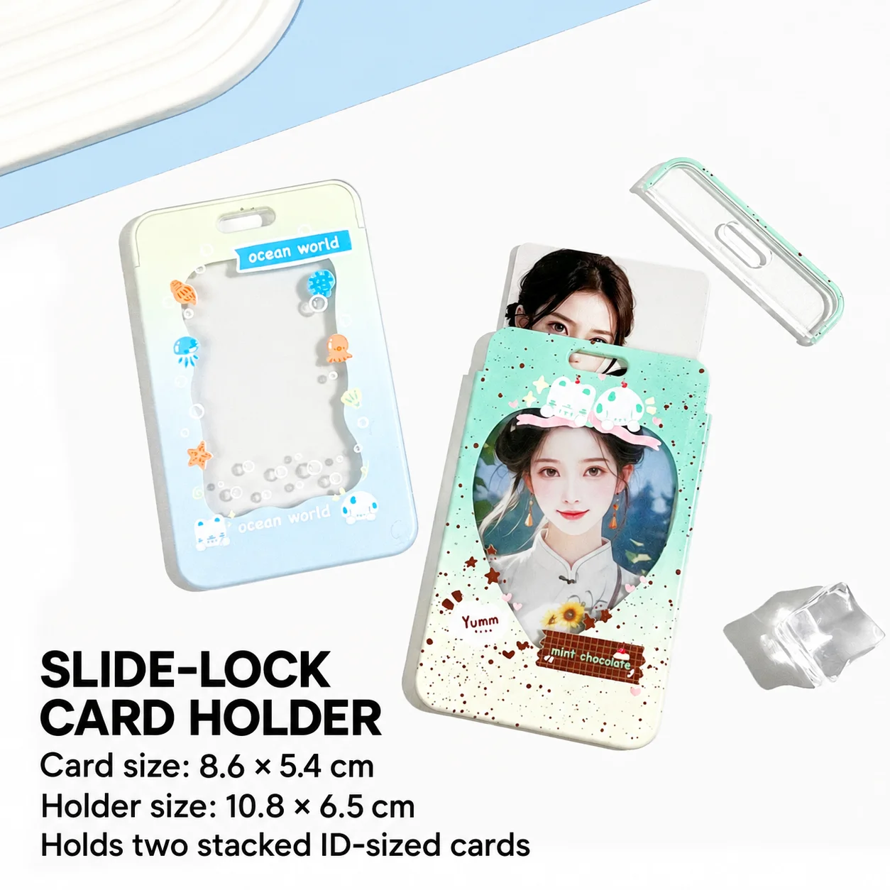 Cute Clear ID Card Holder Hard Plastic Slide Lock Badge Case for Student School Office Transit Cards Apple Star Ocean Design