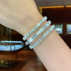 Luxury 925 Silver Bridal Jewelry Round Rectangle Diamond Bracelet Bangle for Women Wedding Gift Jewelry Wholesale on Hand Love