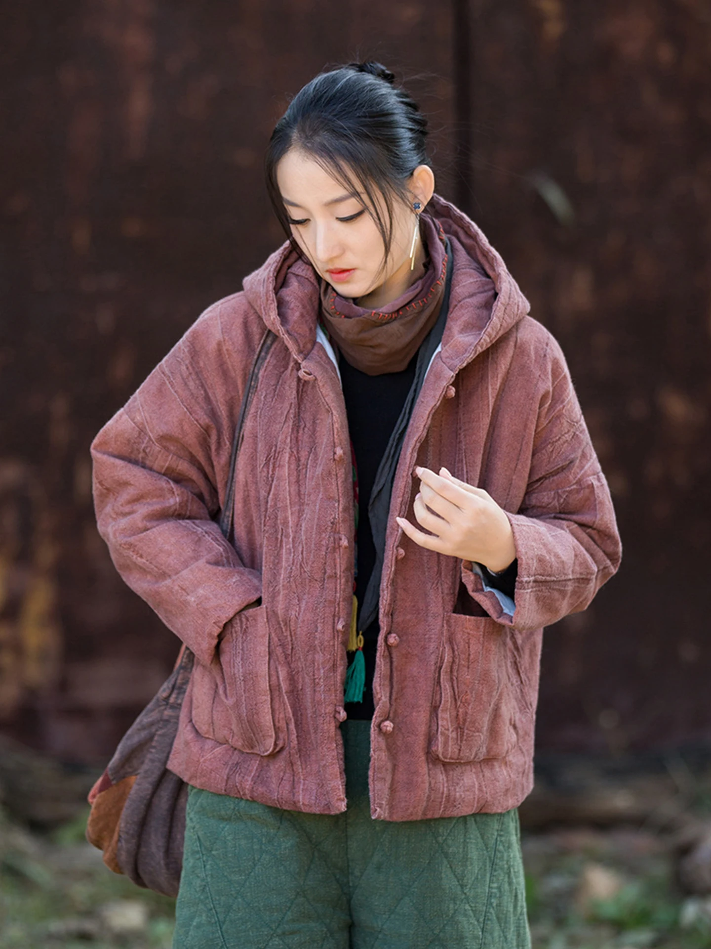 Thickened Cotton Linen Jacket Warm Retro Dyeing Processed Coat with Hood Traditional Chinese Style Women's Outerwear Long Sleeve