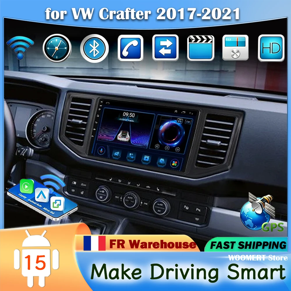 Autoradio 2+32G pour VW Crafter 2017-2021 avec Carplay, Android Auto, navigation GPS, Android 15, écran tactile 10 pouces, Bluetooth, Wifi, FM, SWC, Mirror Link + caméra de recul AHD