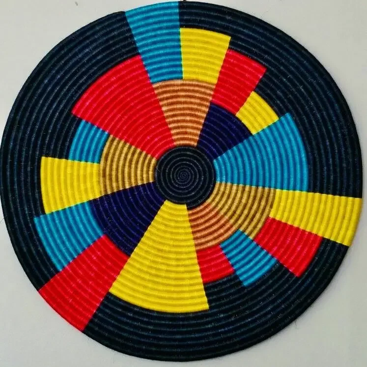 Round Braided Rug Colorful Radial Geometric Red Blue Yellow Segment Woven Design for Living Room Decor